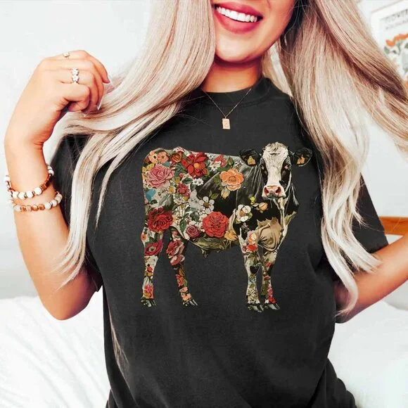 Floral Cow Shirt, Boho Cow Shirt, Retro Farmer Shirt, Cow Lover Gift - Picture 1 of 3